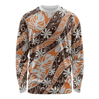 Puatou Tahiti Tiare Monstera Long Sleeve Shirt Polynesian Pattern Curve Style LT01 Unisex Orange - Polynesian Pride