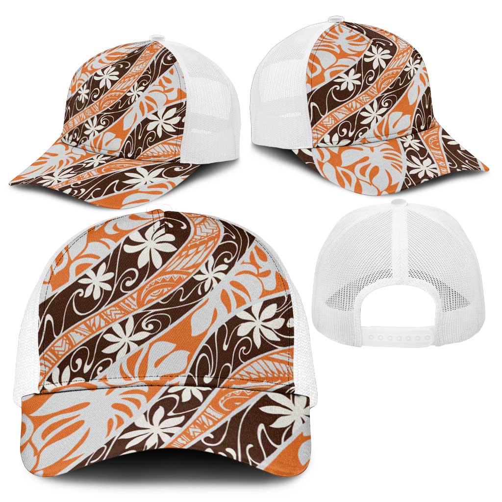 Puatou Tahiti Tiare Monstera Mesh Trucker Cap Polynesian Pattern Curve Style - Polynesian Pride