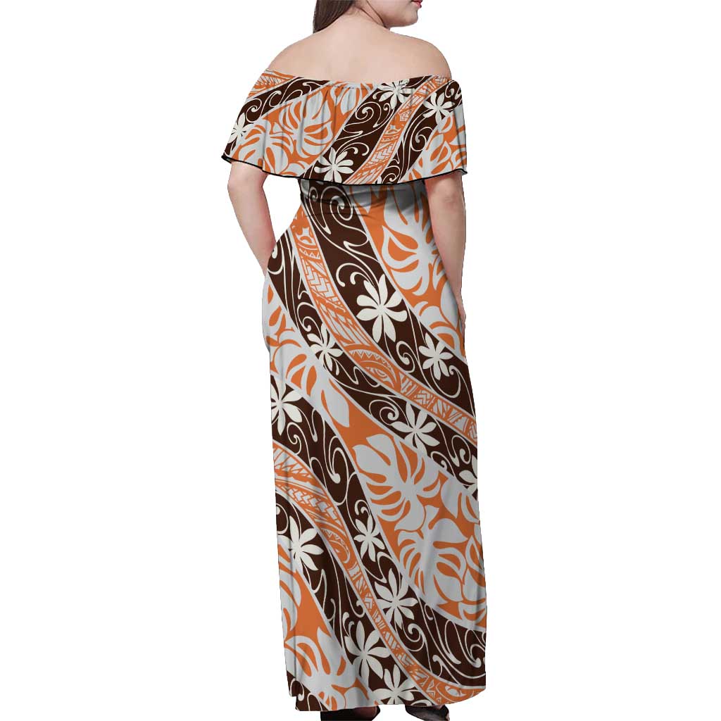 Puatou Tahiti Tiare Monstera Off Shoulder Maxi Dress Polynesian Pattern Curve Style - Polynesian Pride