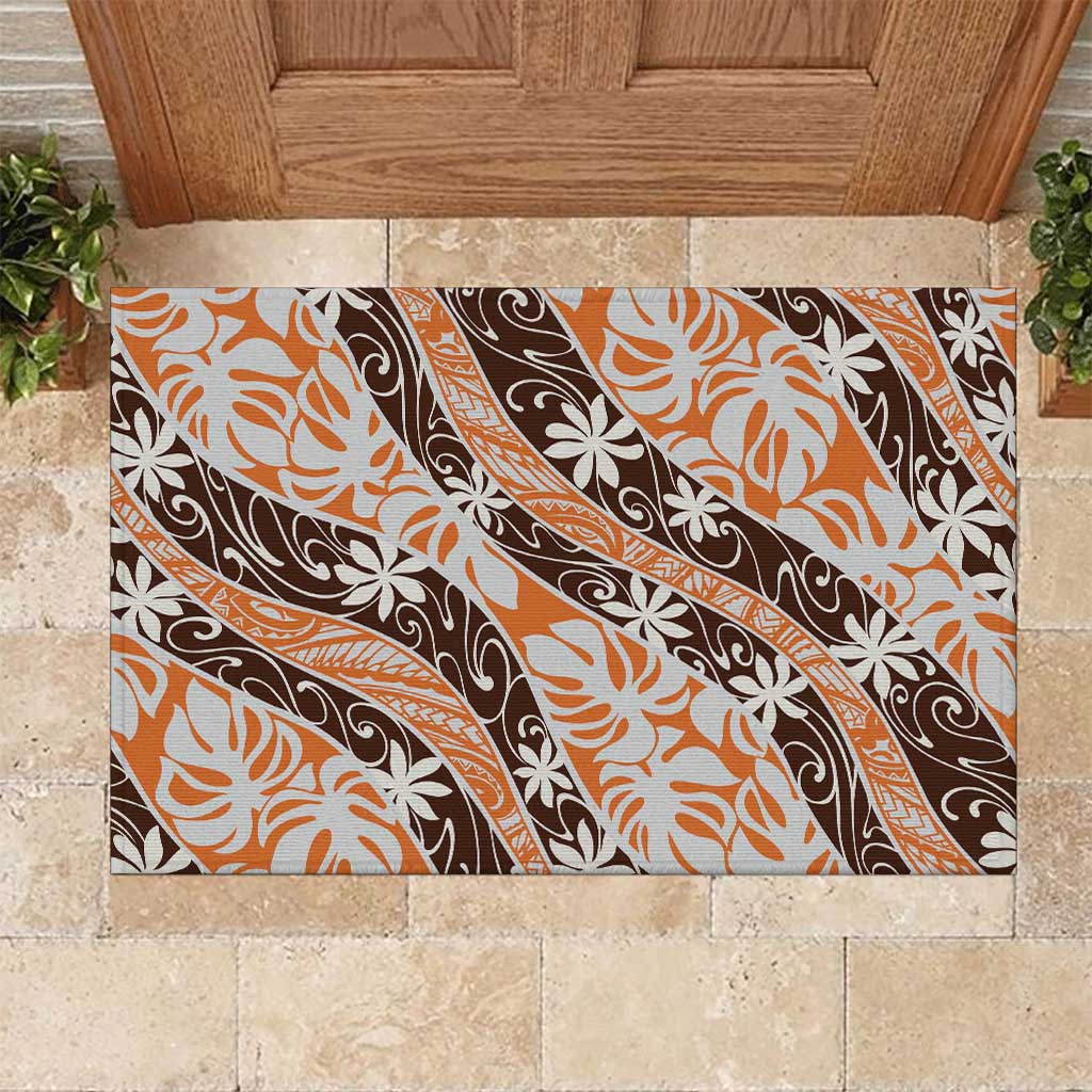 Puatou Tahiti Tiare Monstera Rubber Doormat Polynesian Pattern Curve Style - Polynesian Pride