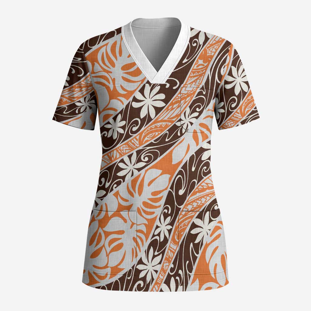 Puatou Tahiti Tiare Monstera Scrub Top Polynesian Pattern Curve Style - Polynesian Pride