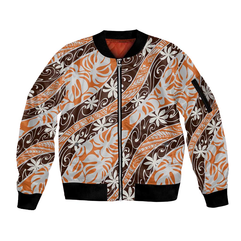 Puatou Tahiti Tiare Monstera Sleeve Zip Bomber Jacket Polynesian Pattern Curve Style - Polynesian Pride