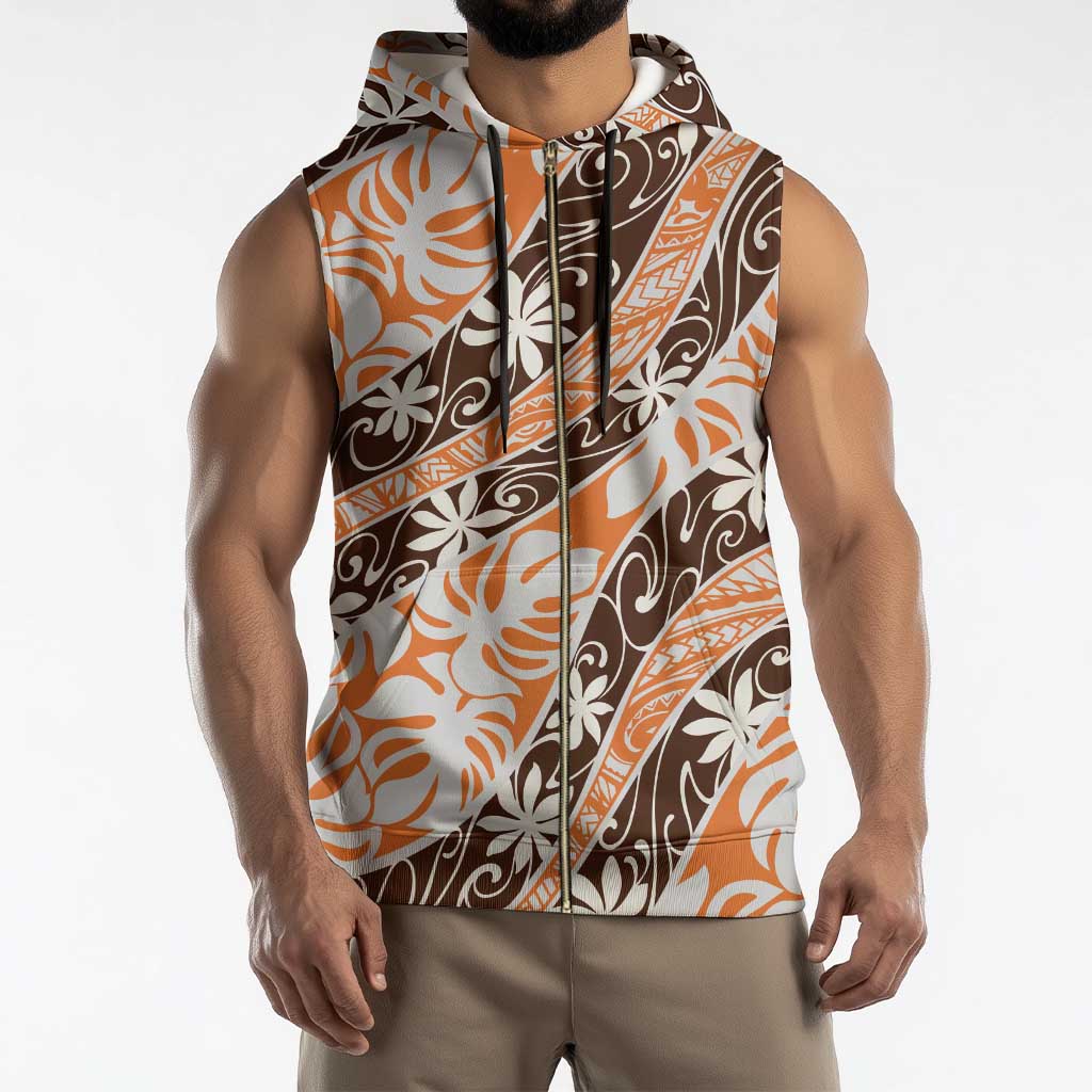 Puatou Tahiti Tiare Monstera Sleeveless Zip Hoodie Polynesian Pattern Curve Style - Polynesian Pride