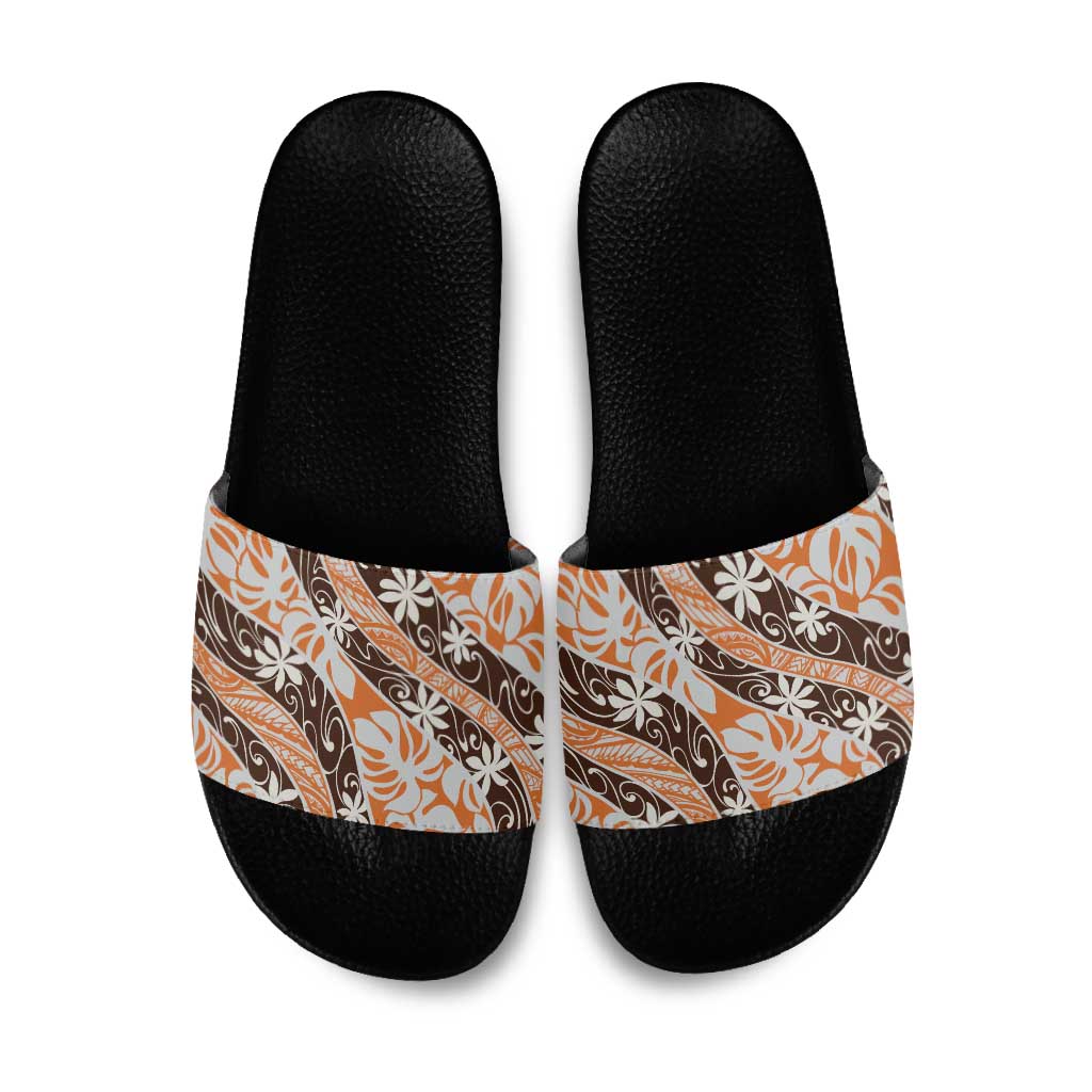Puatou Tahiti Tiare Monstera Slide Sandals Polynesian Pattern Curve Style - Polynesian Pride