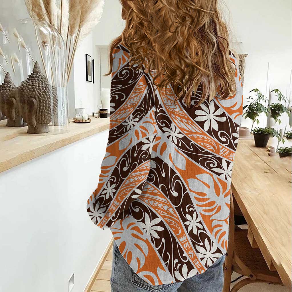 Puatou Tahiti Tiare Monstera Women Casual Shirt Polynesian Pattern Curve Style - Polynesian Pride