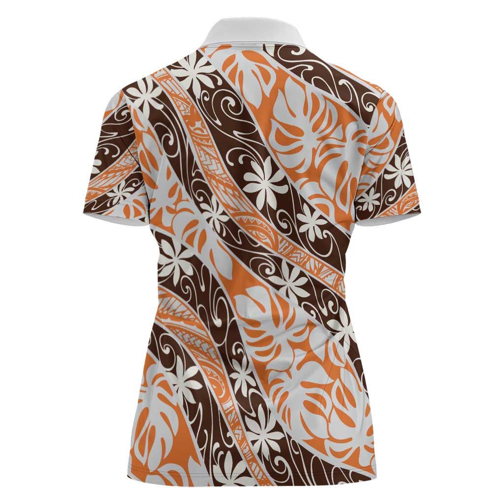 Puatou Tahiti Tiare Monstera Women Polo Shirt Polynesian Pattern Curve Style - Polynesian Pride