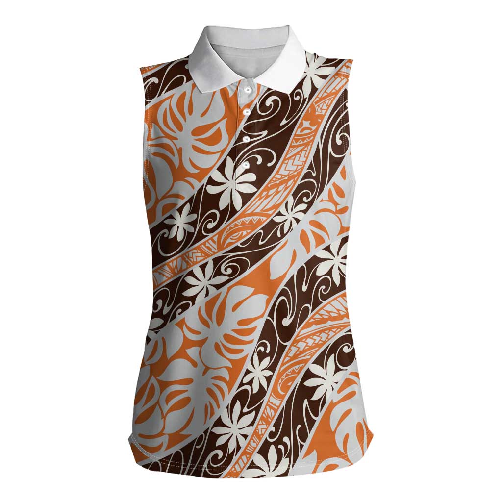 Puatou Tahiti Tiare Monstera Women Sleeveless Polo Shirt Polynesian Pattern Curve Style - Polynesian Pride