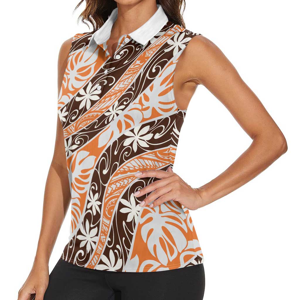 Puatou Tahiti Tiare Monstera Women Sleeveless Polo Shirt Polynesian Pattern Curve Style - Polynesian Pride