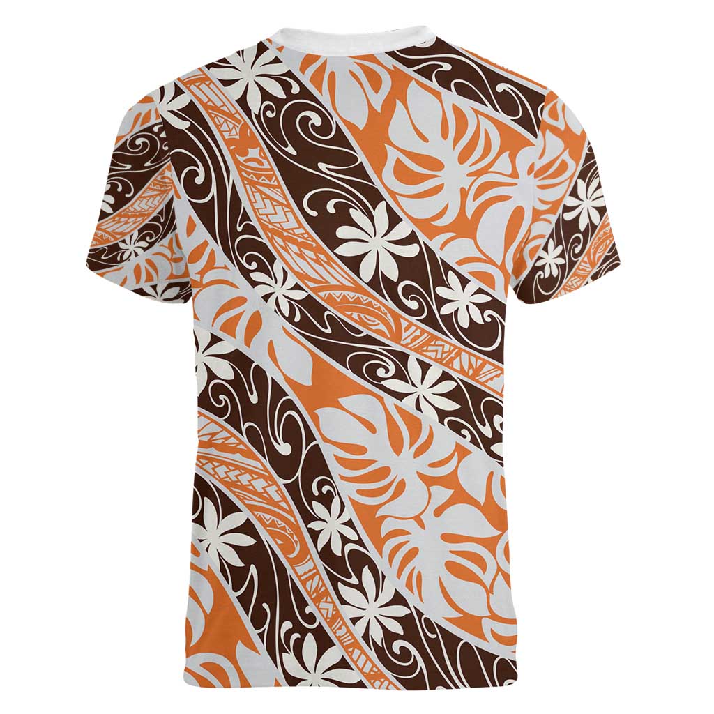 Puatou Tahiti Tiare Monstera Women V-Neck T-Shirt Polynesian Pattern Curve Style - Polynesian Pride