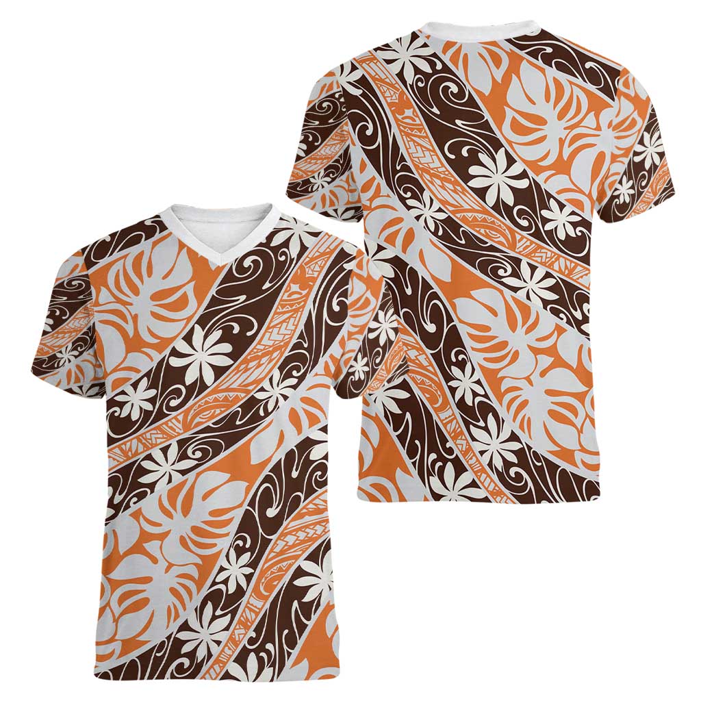 Puatou Tahiti Tiare Monstera Women V-Neck T-Shirt Polynesian Pattern Curve Style - Polynesian Pride