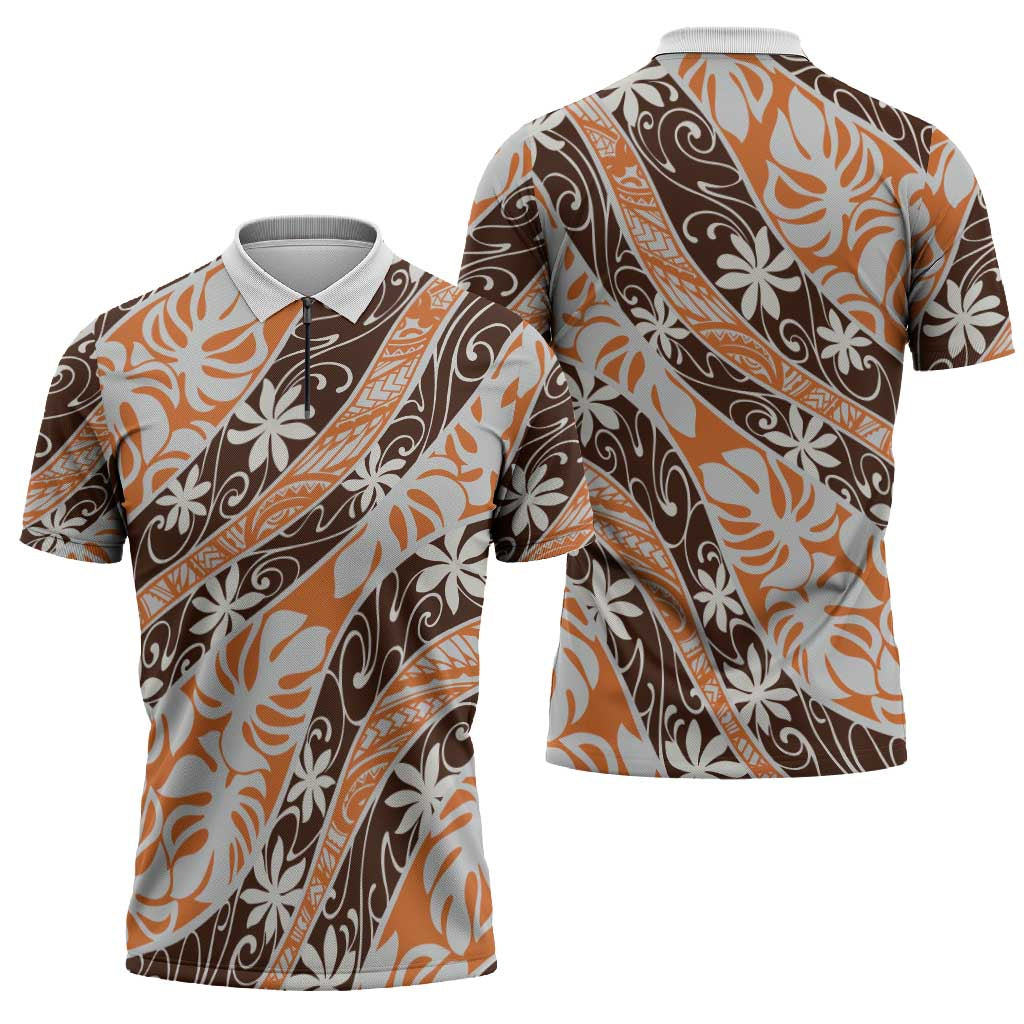 Puatou Tahiti Tiare Monstera Zipper Polo Shirt Polynesian Pattern Curve Style - Polynesian Pride