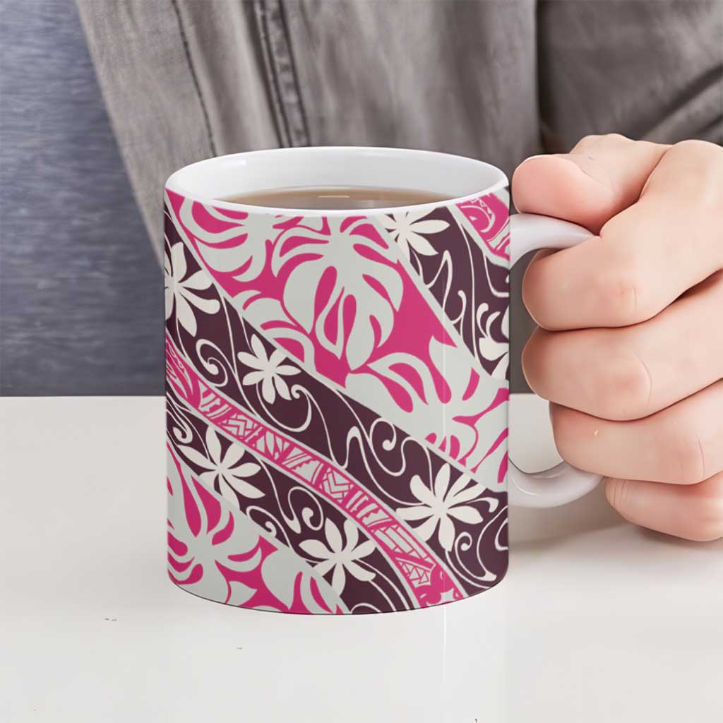 Tarona Tahiti Tiare Monstera Ceramic Mug Polynesian Pattern Curve Style - Polynesian Pride