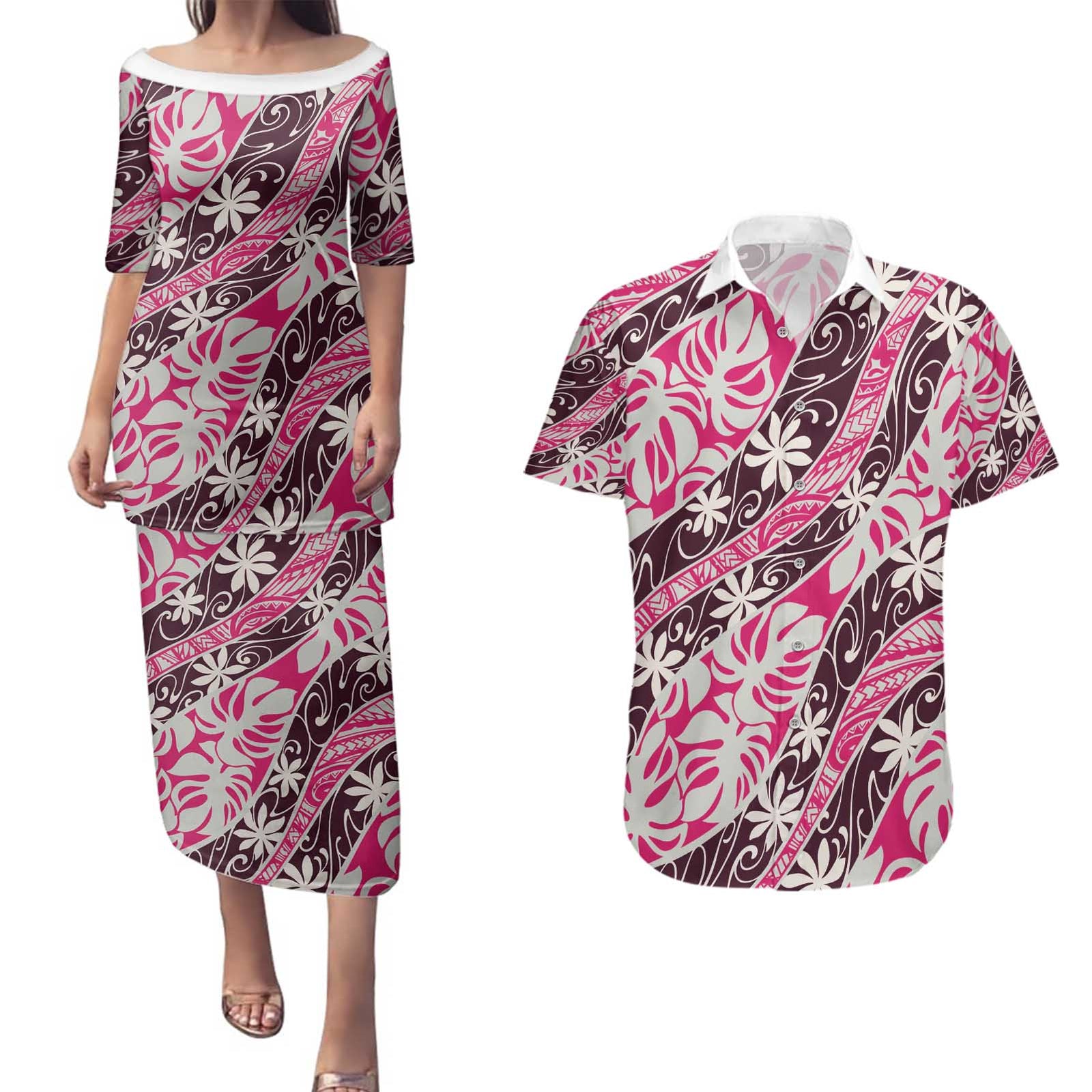 Tarona Tahiti Tiare Monstera Couples Matching Puletasi and Hawaiian Shirt Polynesian Pattern Curve Style - Polynesian Pride