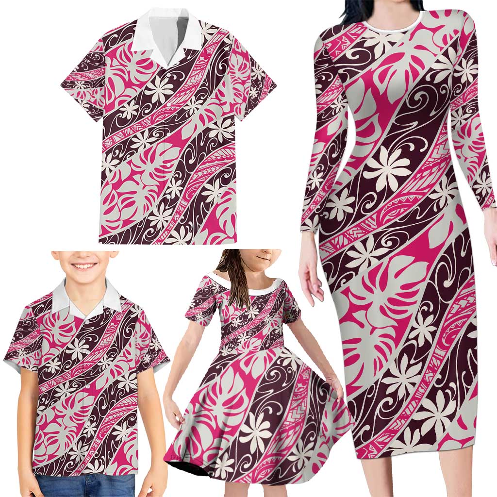 Tarona Tahiti Tiare Monstera Family Matching Long Sleeve Bodycon Dress and Hawaiian Shirt Polynesian Pattern Curve Style - Polynesian Pride