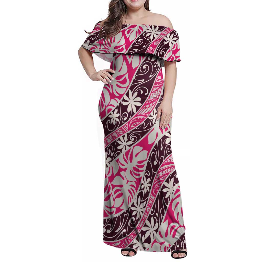 Tarona Tahiti Tiare Monstera Family Matching Off Shoulder Maxi Dress and Hawaiian Shirt Polynesian Pattern Curve Style - Polynesian Pride