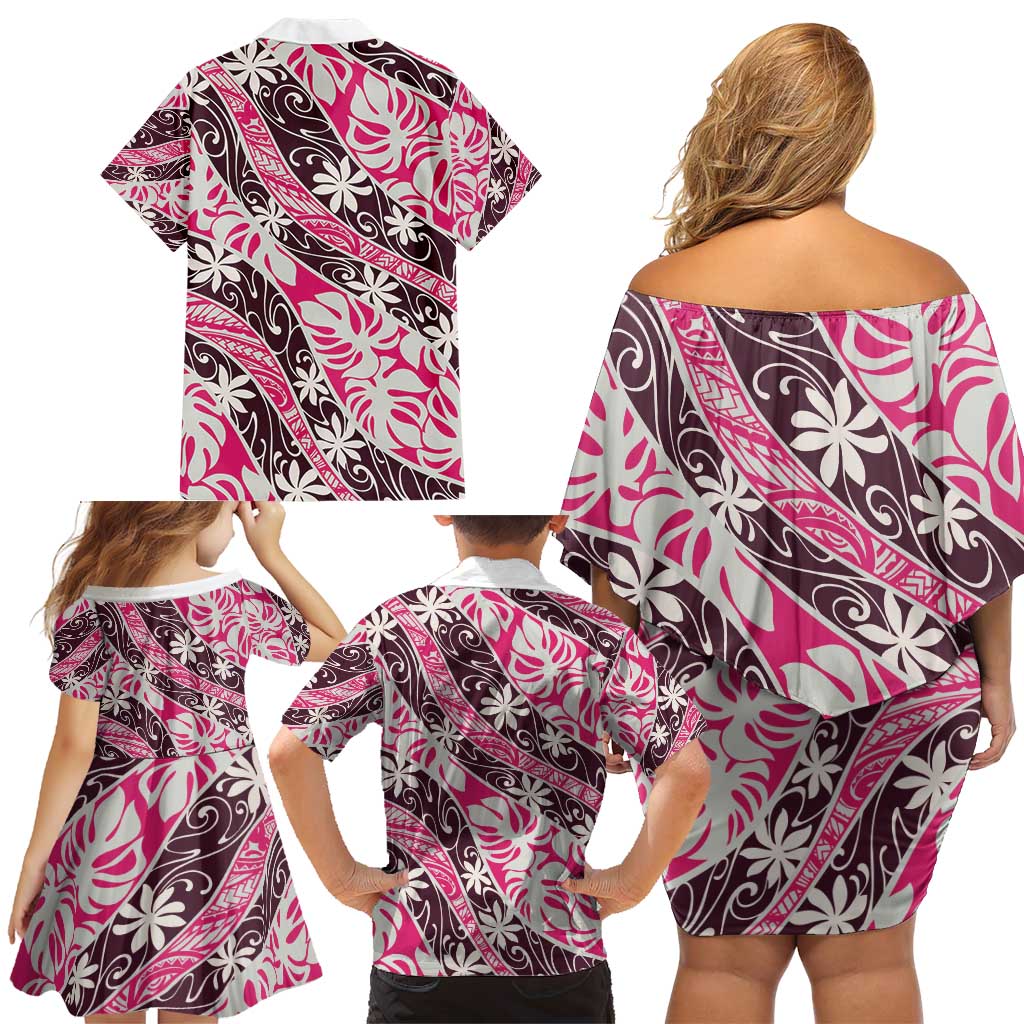 Tarona Tahiti Tiare Monstera Family Matching Off Shoulder Short Dress and Hawaiian Shirt Polynesian Pattern Curve Style - Polynesian Pride