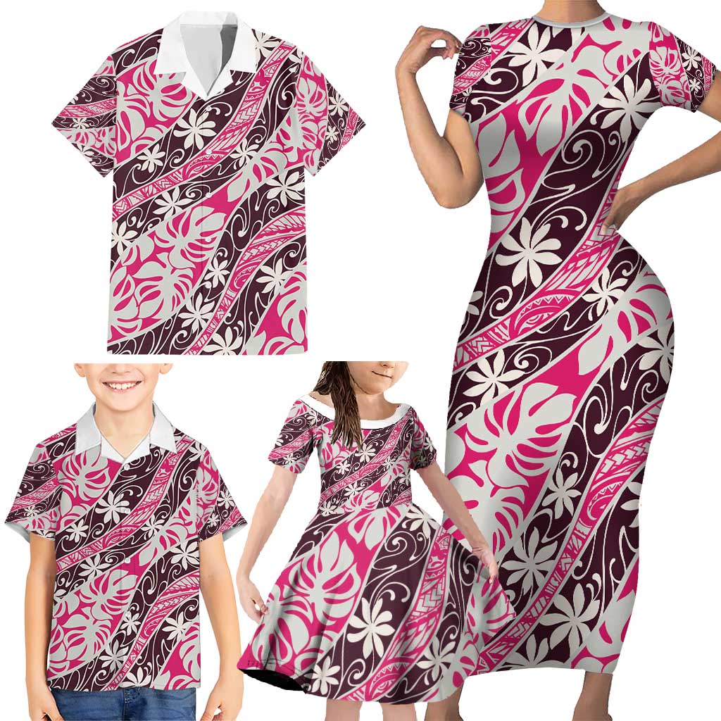 Tarona Tahiti Tiare Monstera Family Matching Short Sleeve Bodycon Dress and Hawaiian Shirt Polynesian Pattern Curve Style - Polynesian Pride