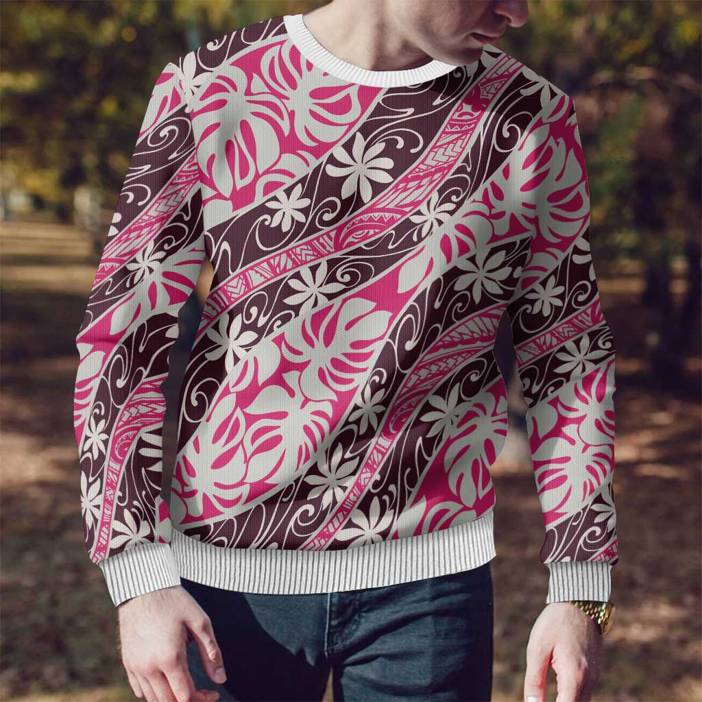 Tarona Tahiti Tiare Monstera Ugly Christmas Sweater Polynesian Pattern Curve Style - Polynesian Pride