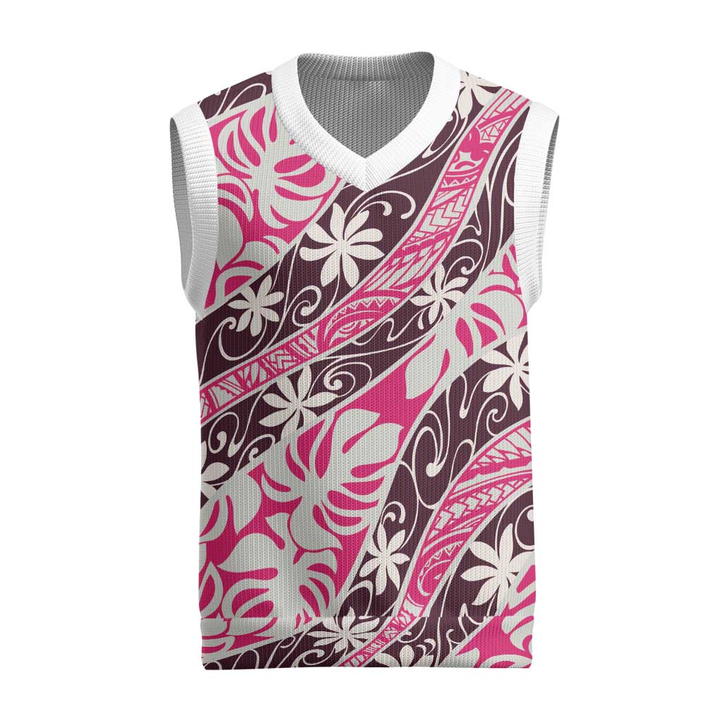 Tarona Tahiti Tiare Monstera Christmas Knitted V-Neck Vest Polynesian Pattern Curve Style - Polynesian Pride