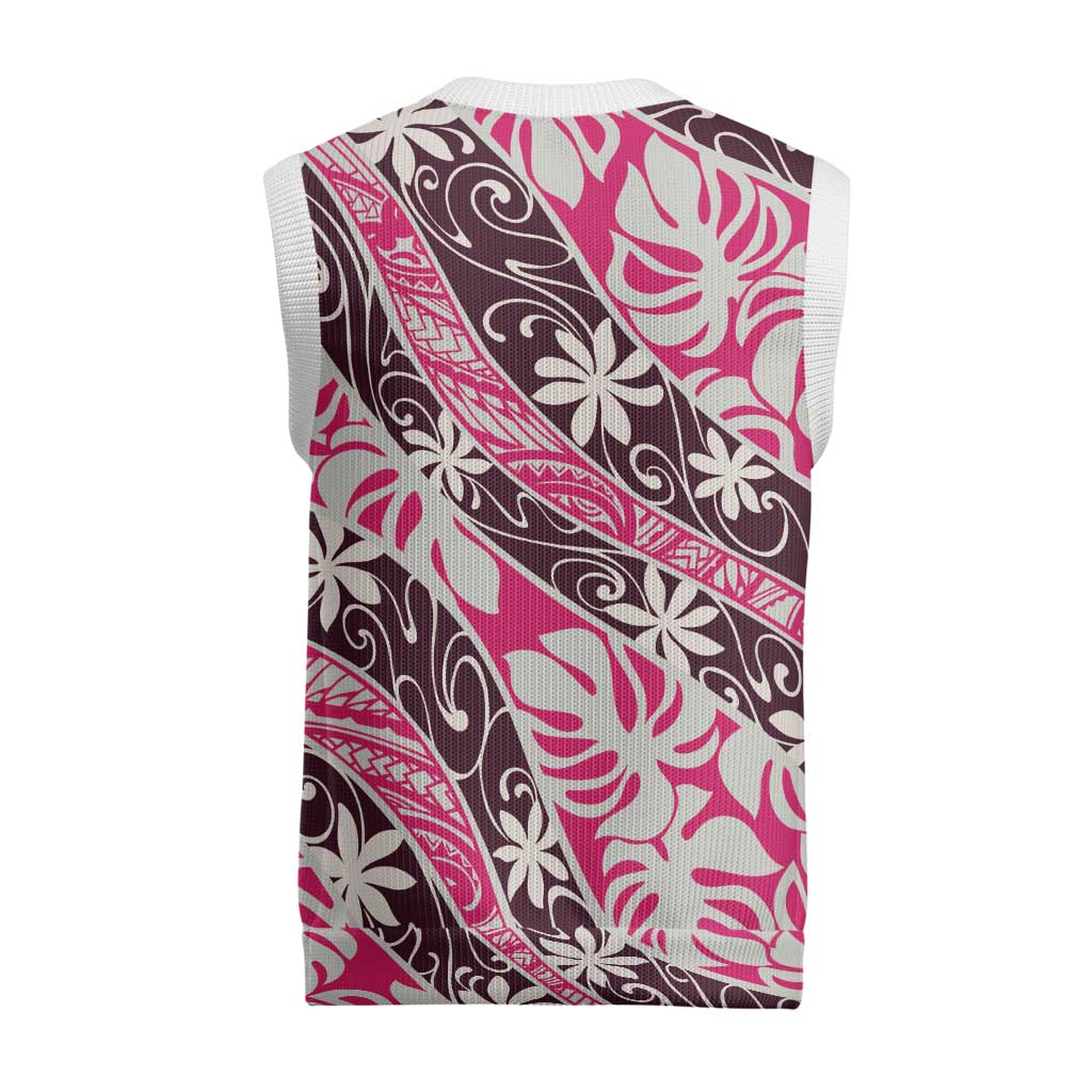 Tarona Tahiti Tiare Monstera Christmas Knitted V-Neck Vest Polynesian Pattern Curve Style - Polynesian Pride