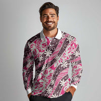 Tarona Tahiti Tiare Monstera Long Sleeve Polo Shirt Polynesian Pattern Curve Style - Polynesian Pride