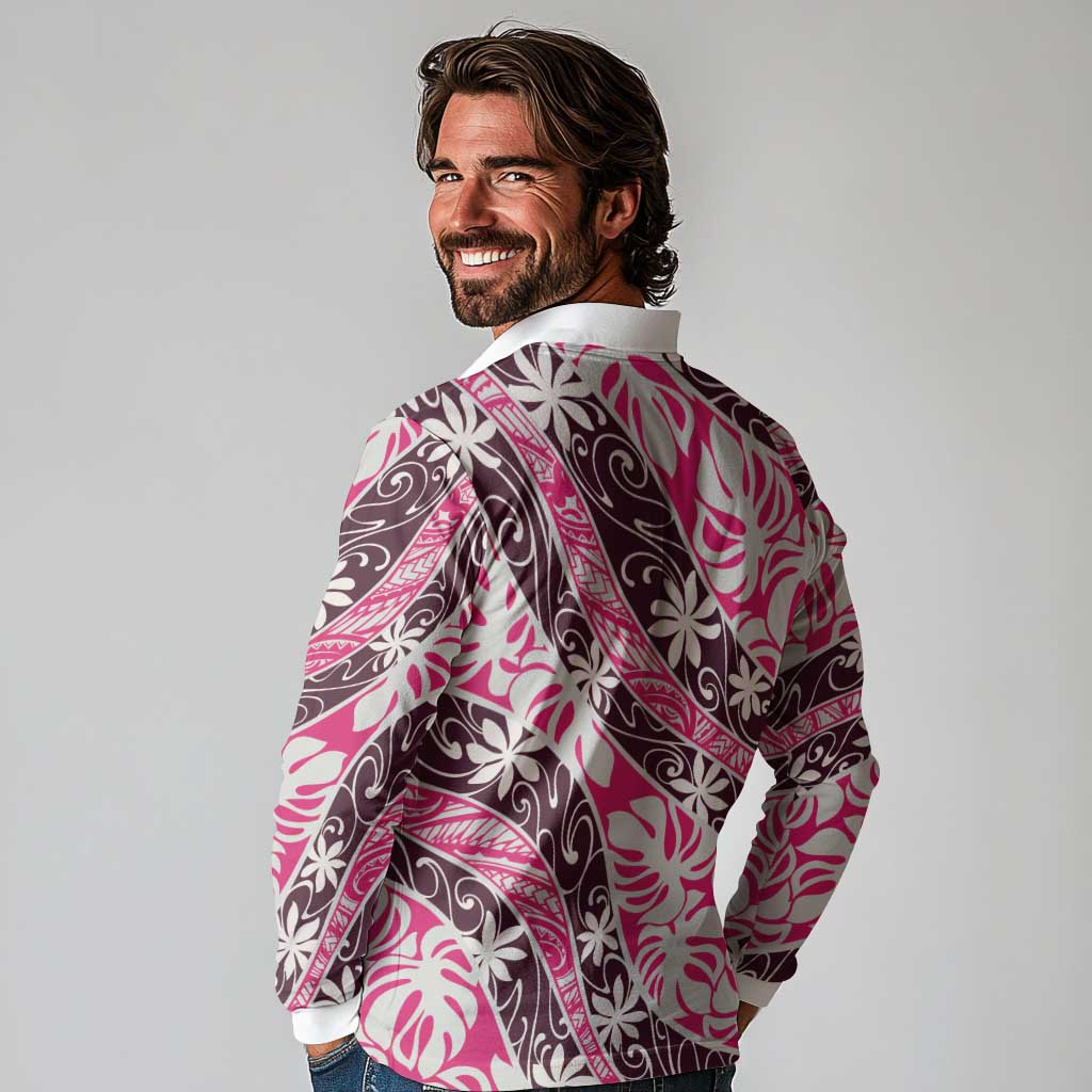 Tarona Tahiti Tiare Monstera Long Sleeve Polo Shirt Polynesian Pattern Curve Style - Polynesian Pride