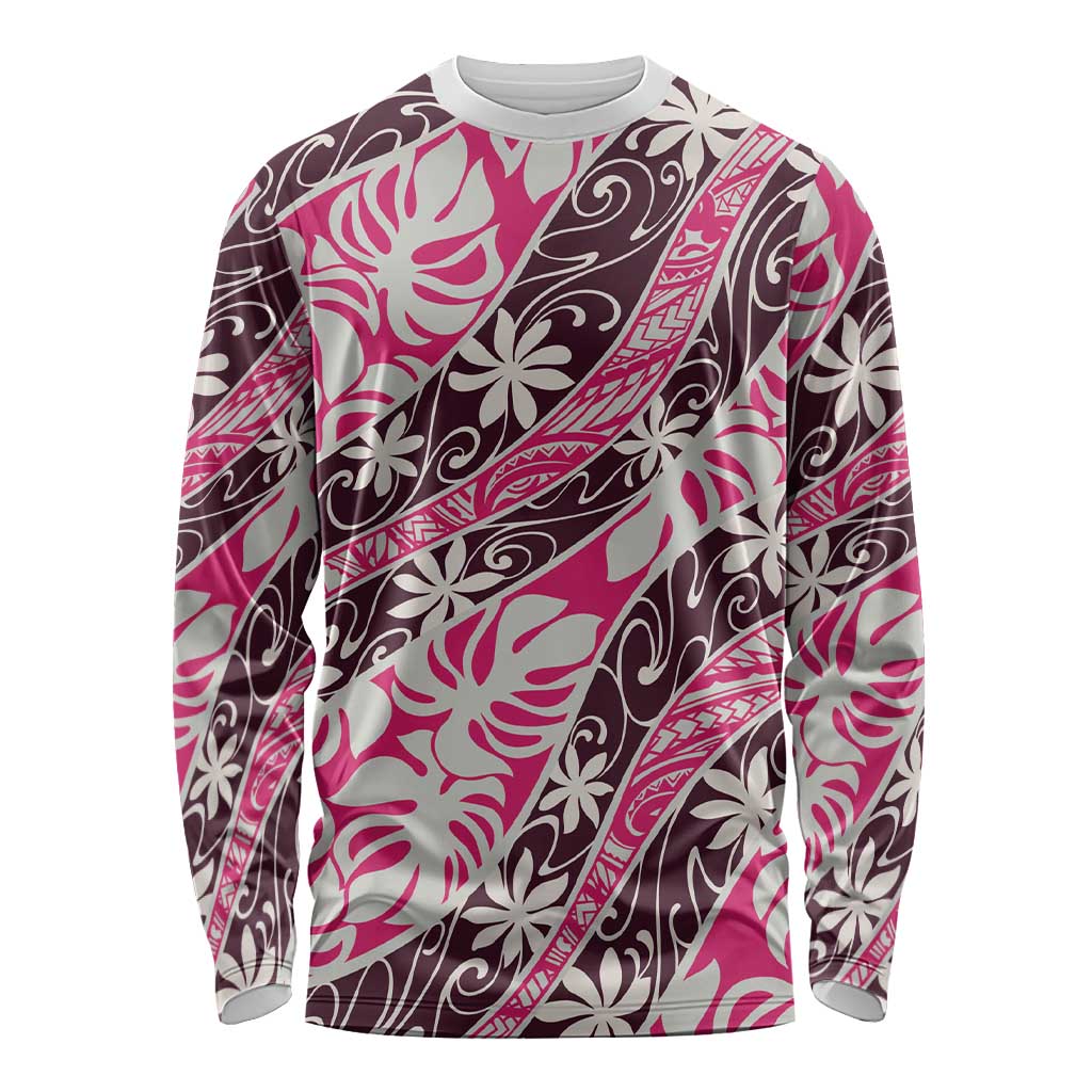 Tarona Tahiti Tiare Monstera Long Sleeve Shirt Polynesian Pattern Curve Style - Polynesian Pride