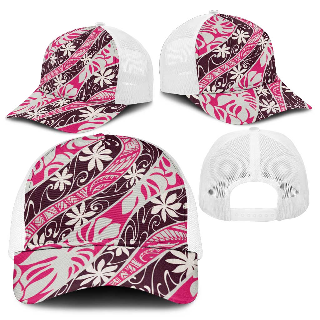 Tarona Tahiti Tiare Monstera Mesh Trucker Cap Polynesian Pattern Curve Style - Polynesian Pride