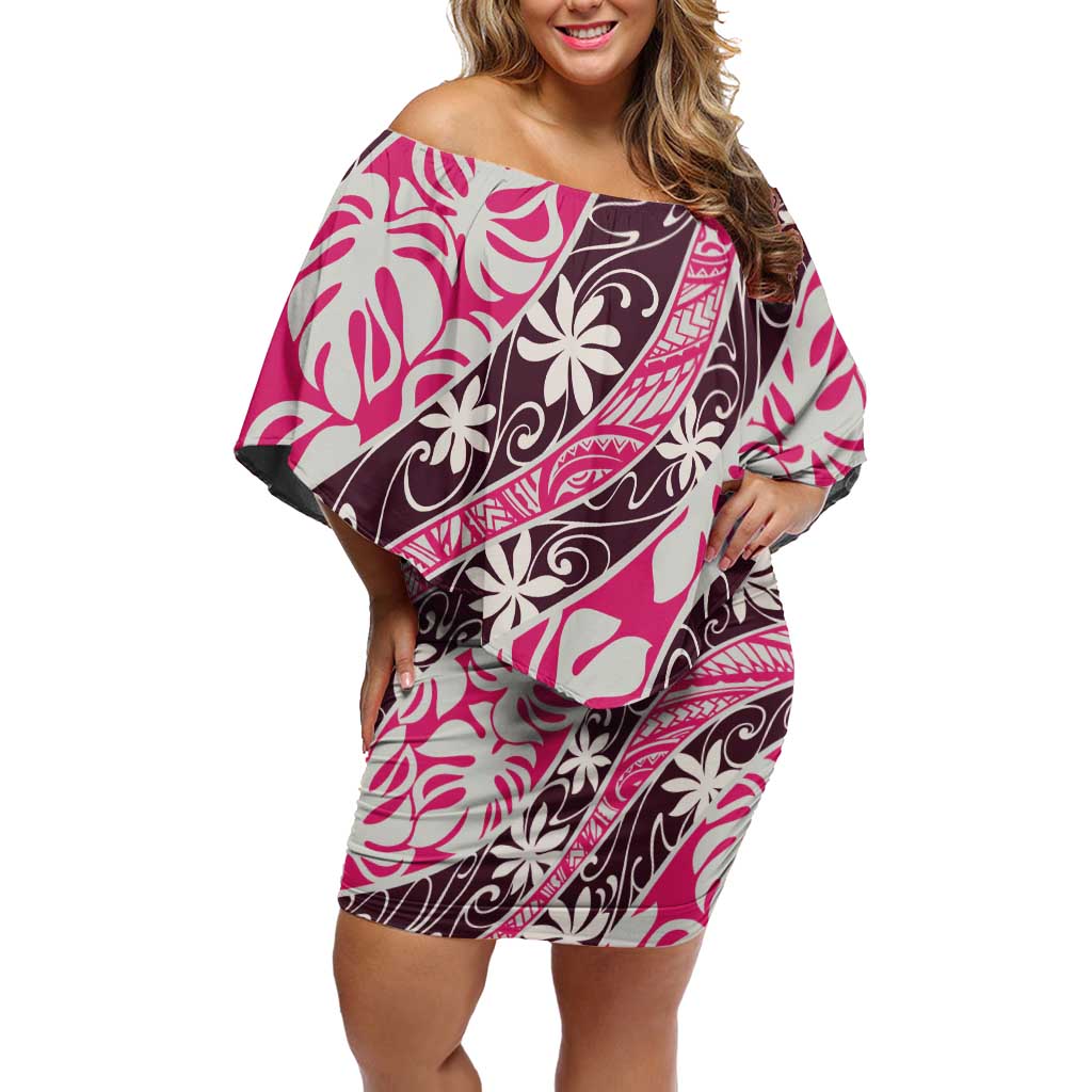 Tarona Tahiti Tiare Monstera Off Shoulder Short Dress Polynesian Pattern Curve Style - Polynesian Pride