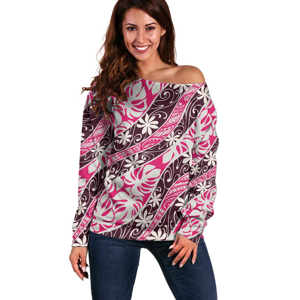 Tarona Tahiti Tiare Monstera Off Shoulder Sweater Polynesian Pattern Curve Style - Polynesian Pride
