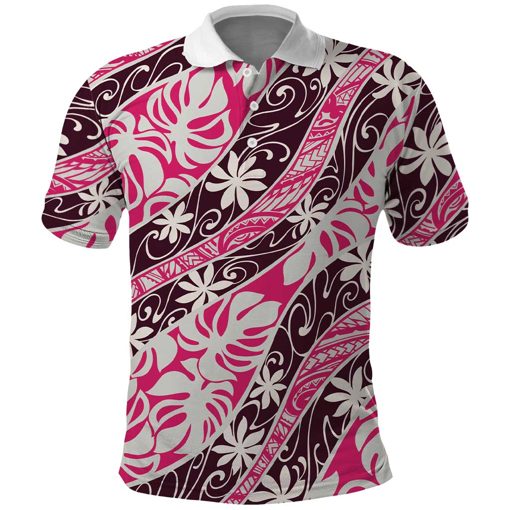 Tarona Tahiti Tiare Monstera Polo Shirt Polynesian Pattern Curve Style - Polynesian Pride