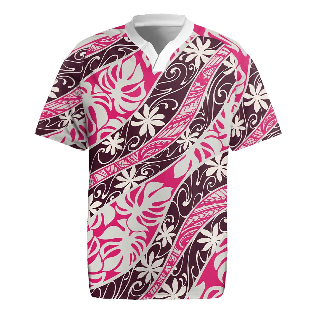 Tarona Tahiti Tiare Monstera Rugby Jersey Polynesian Pattern Curve Style - Polynesian Pride