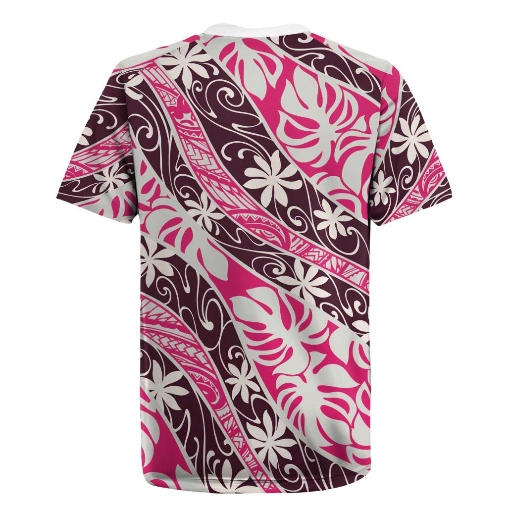 Tarona Tahiti Tiare Monstera Rugby Jersey Polynesian Pattern Curve Style - Polynesian Pride