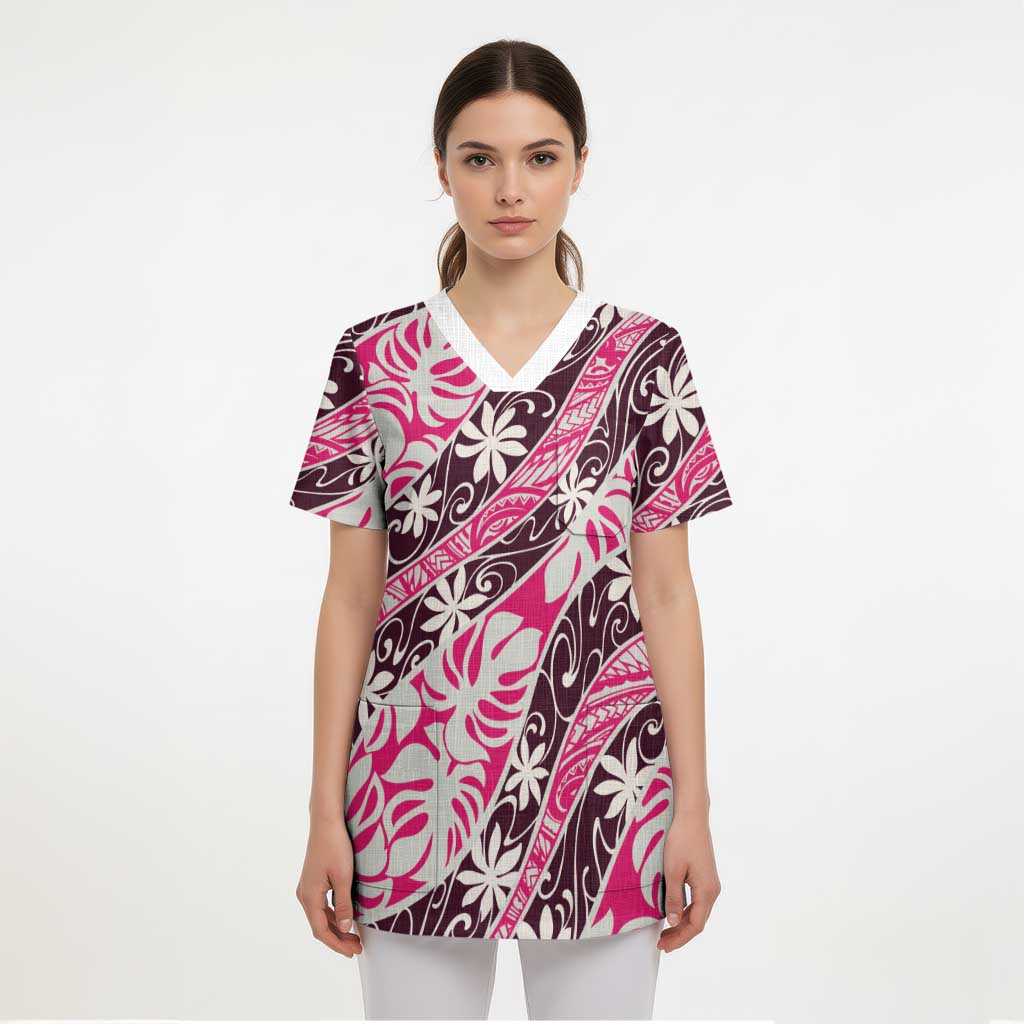 Tarona Tahiti Tiare Monstera Scrub Top Polynesian Pattern Curve Style - Polynesian Pride