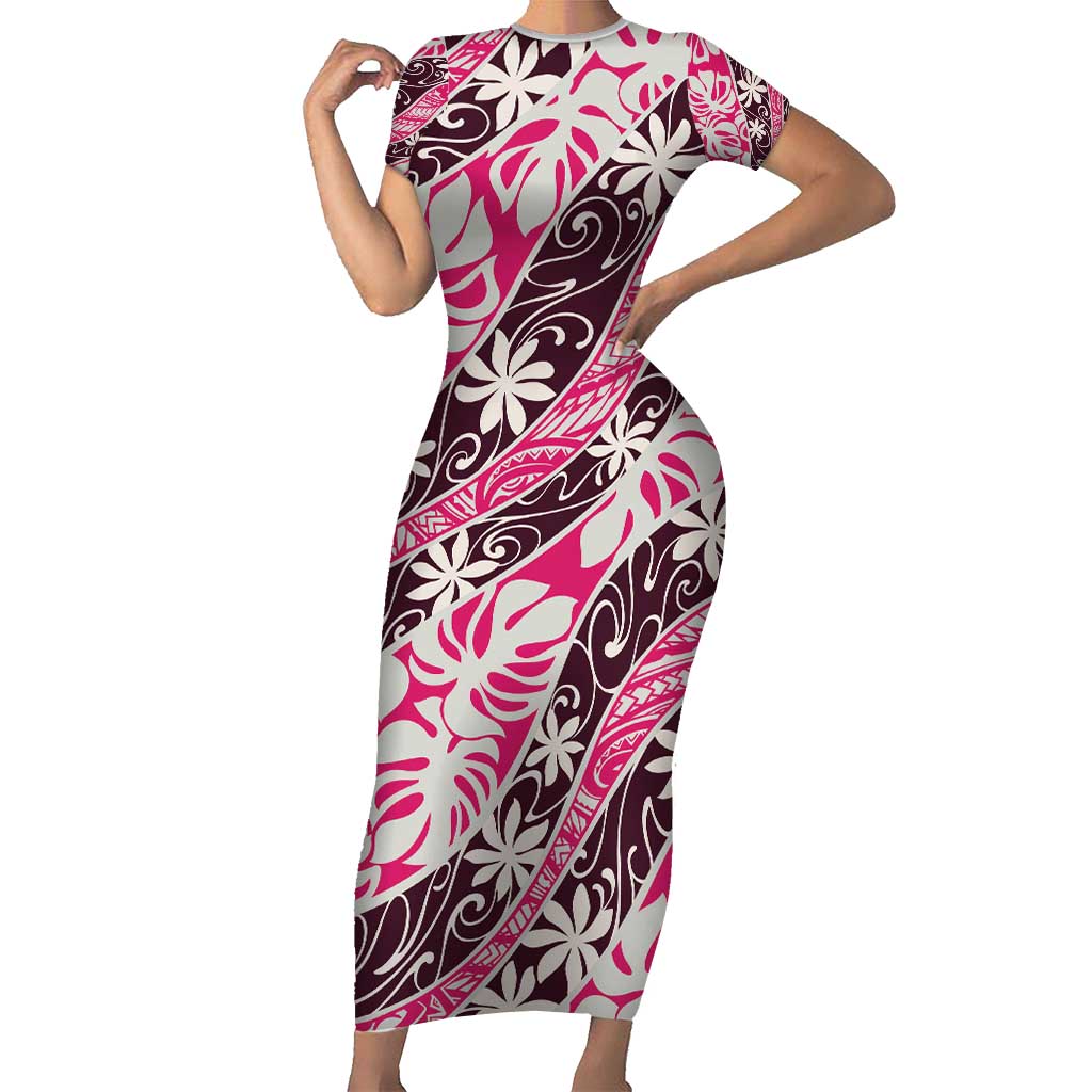 Tarona Tahiti Tiare Monstera Short Sleeve Bodycon Dress Polynesian Pattern Curve Style - Polynesian Pride