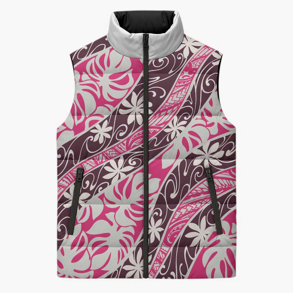 Tarona Tahiti Tiare Monstera Sleeveless Puffer Jacket Polynesian Pattern Curve Style - Polynesian Pride