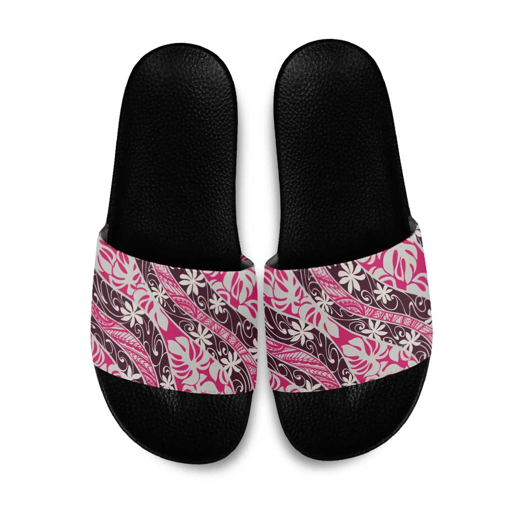 Tarona Tahiti Tiare Monstera Slide Sandals Polynesian Pattern Curve Style - Polynesian Pride
