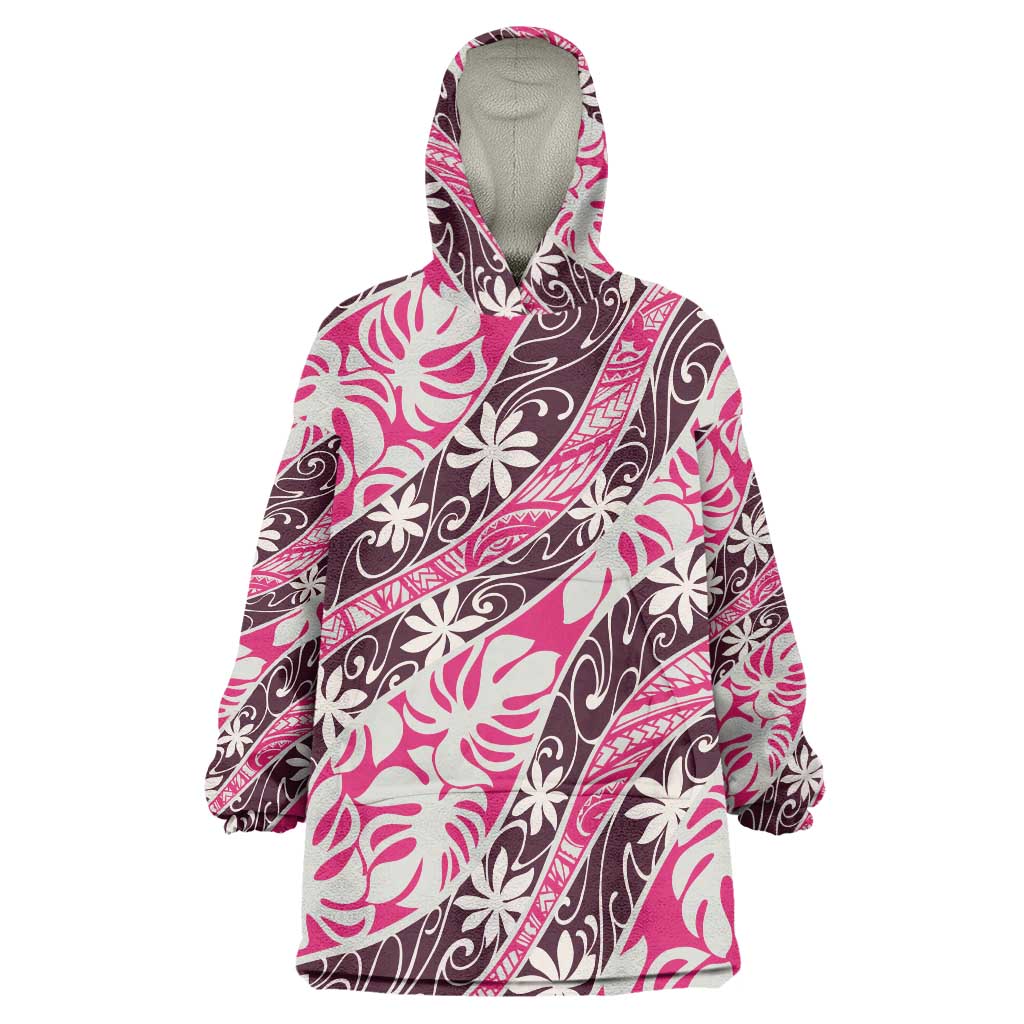 Tarona Tahiti Tiare Monstera Wearable Blanket Hoodie Polynesian Pattern Curve Style - Polynesian Pride