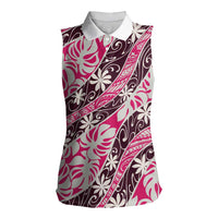 Tarona Tahiti Tiare Monstera Women Sleeveless Polo Shirt Polynesian Pattern Curve Style - Polynesian Pride
