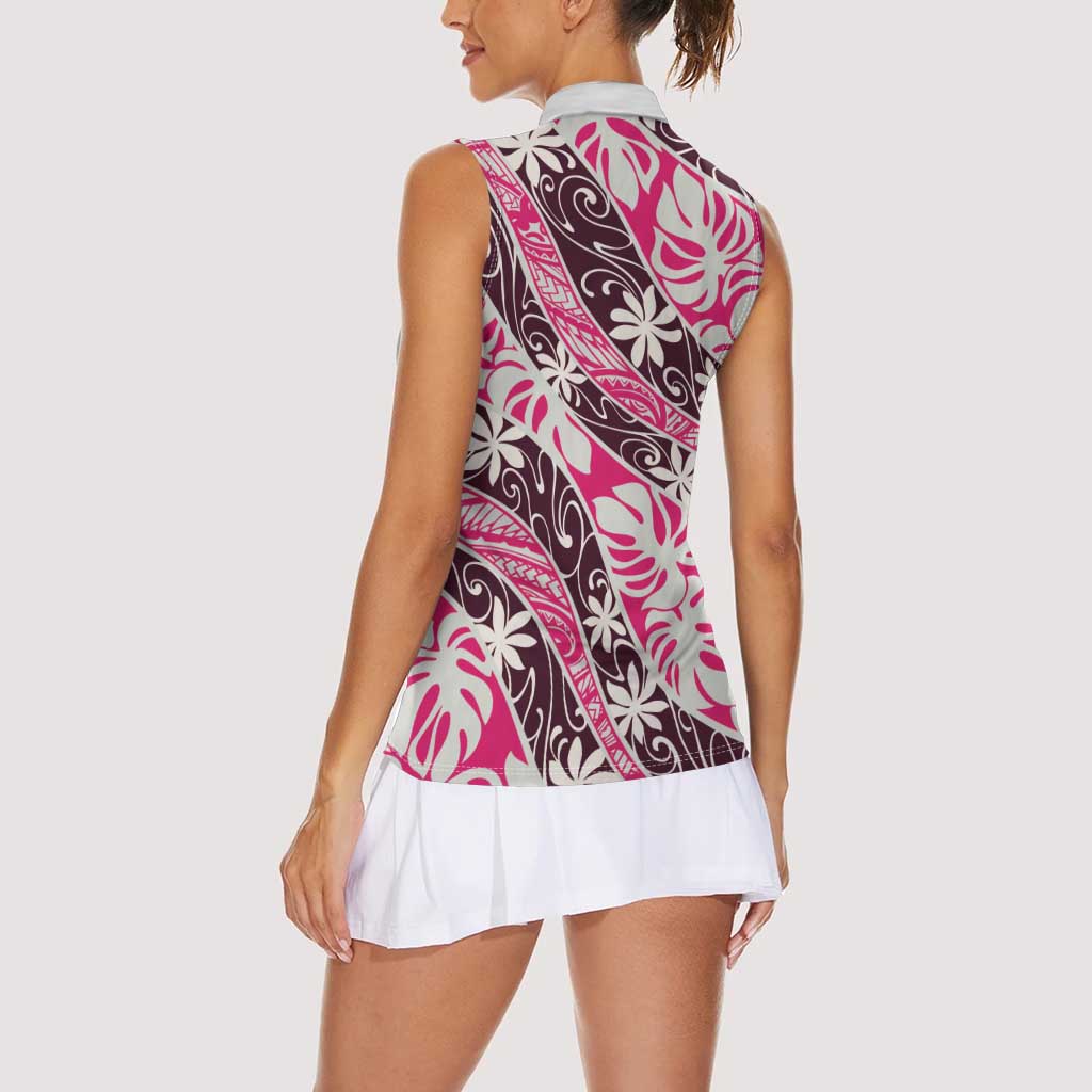 Tarona Tahiti Tiare Monstera Women Sleeveless Polo Shirt Polynesian Pattern Curve Style - Polynesian Pride