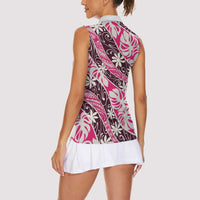 Tarona Tahiti Tiare Monstera Women Sleeveless Polo Shirt Polynesian Pattern Curve Style - Polynesian Pride