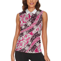 Tarona Tahiti Tiare Monstera Women Sleeveless Polo Shirt Polynesian Pattern Curve Style - Polynesian Pride