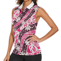 Tarona Tahiti Tiare Monstera Women Sleeveless Polo Shirt Polynesian Pattern Curve Style - Polynesian Pride