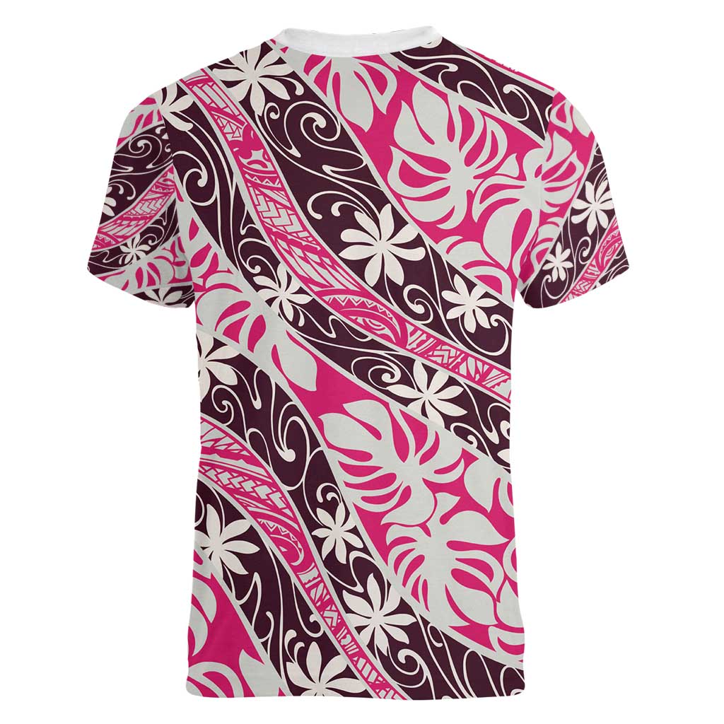 Tarona Tahiti Tiare Monstera Women V-Neck T-Shirt Polynesian Pattern Curve Style - Polynesian Pride
