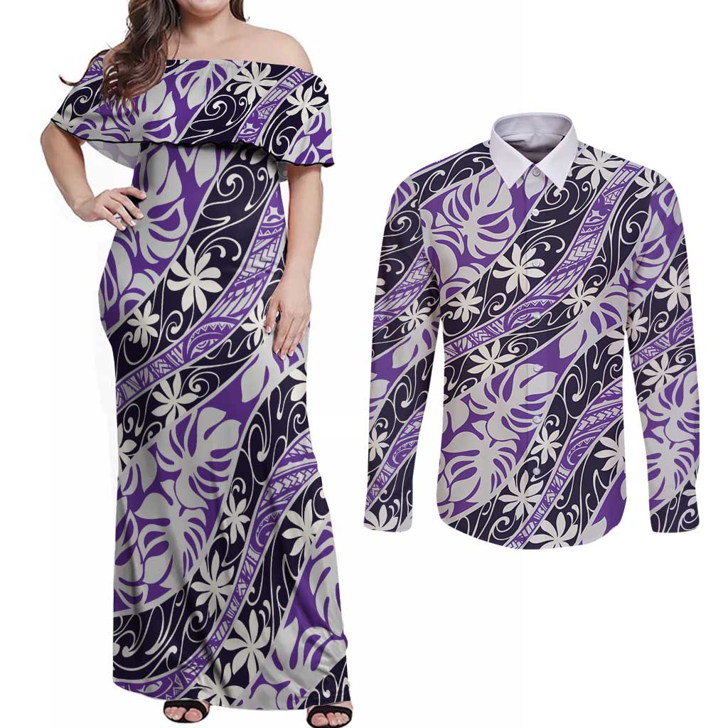 Vareau Tahiti Tiare Monstera Couples Matching Off Shoulder Maxi Dress and Long Sleeve Button Shirt Polynesian Pattern Curve Style - Polynesian Pride