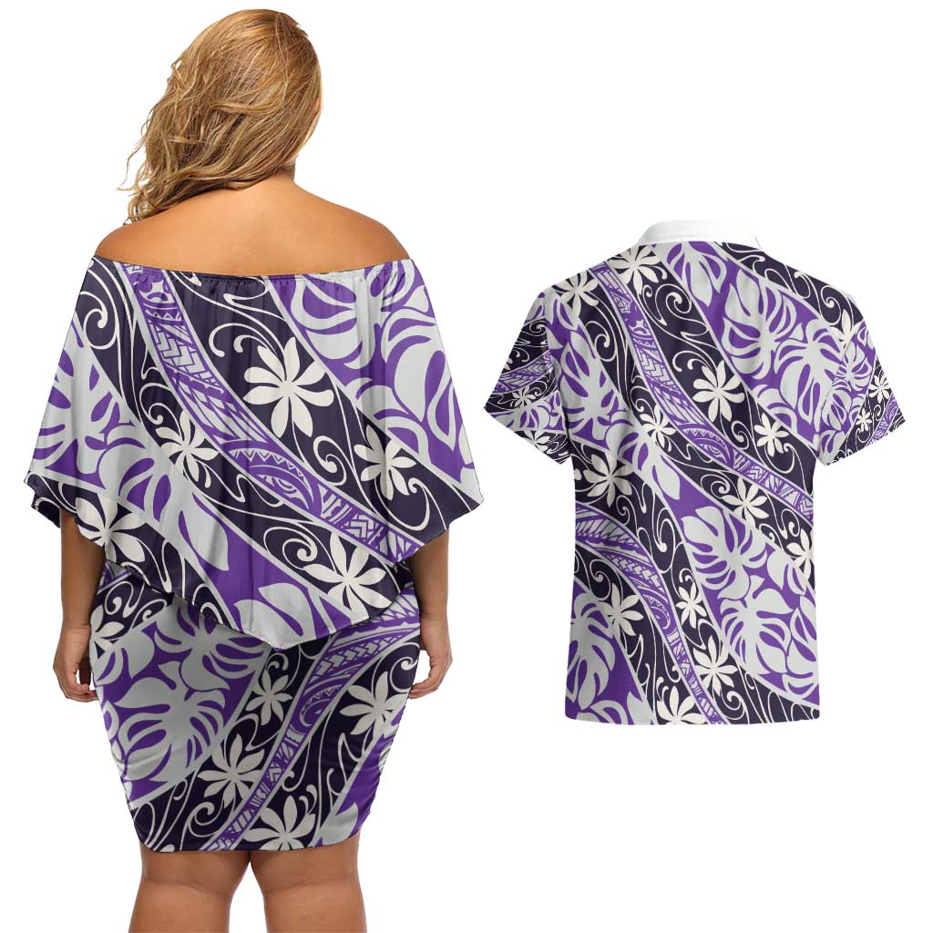 Vareau Tahiti Tiare Monstera Couples Matching Off Shoulder Short Dress and Hawaiian Shirt Polynesian Pattern Curve Style - Polynesian Pride