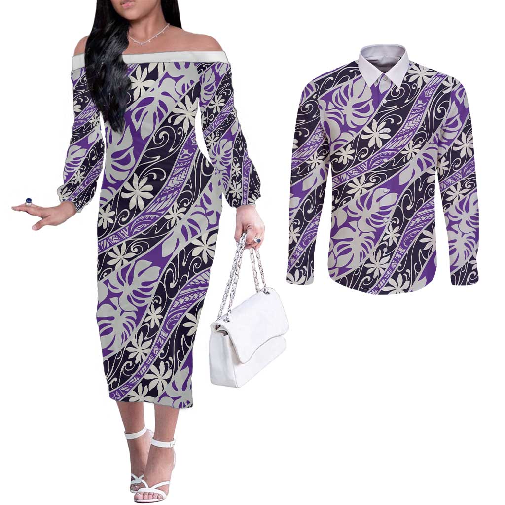 Vareau Tahiti Tiare Monstera Couples Matching Off The Shoulder Long Sleeve Dress and Long Sleeve Button Shirt Polynesian Pattern Curve Style - Polynesian Pride