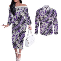 Vareau Tahiti Tiare Monstera Couples Matching Off The Shoulder Long Sleeve Dress and Long Sleeve Button Shirt Polynesian Pattern Curve Style - Polynesian Pride