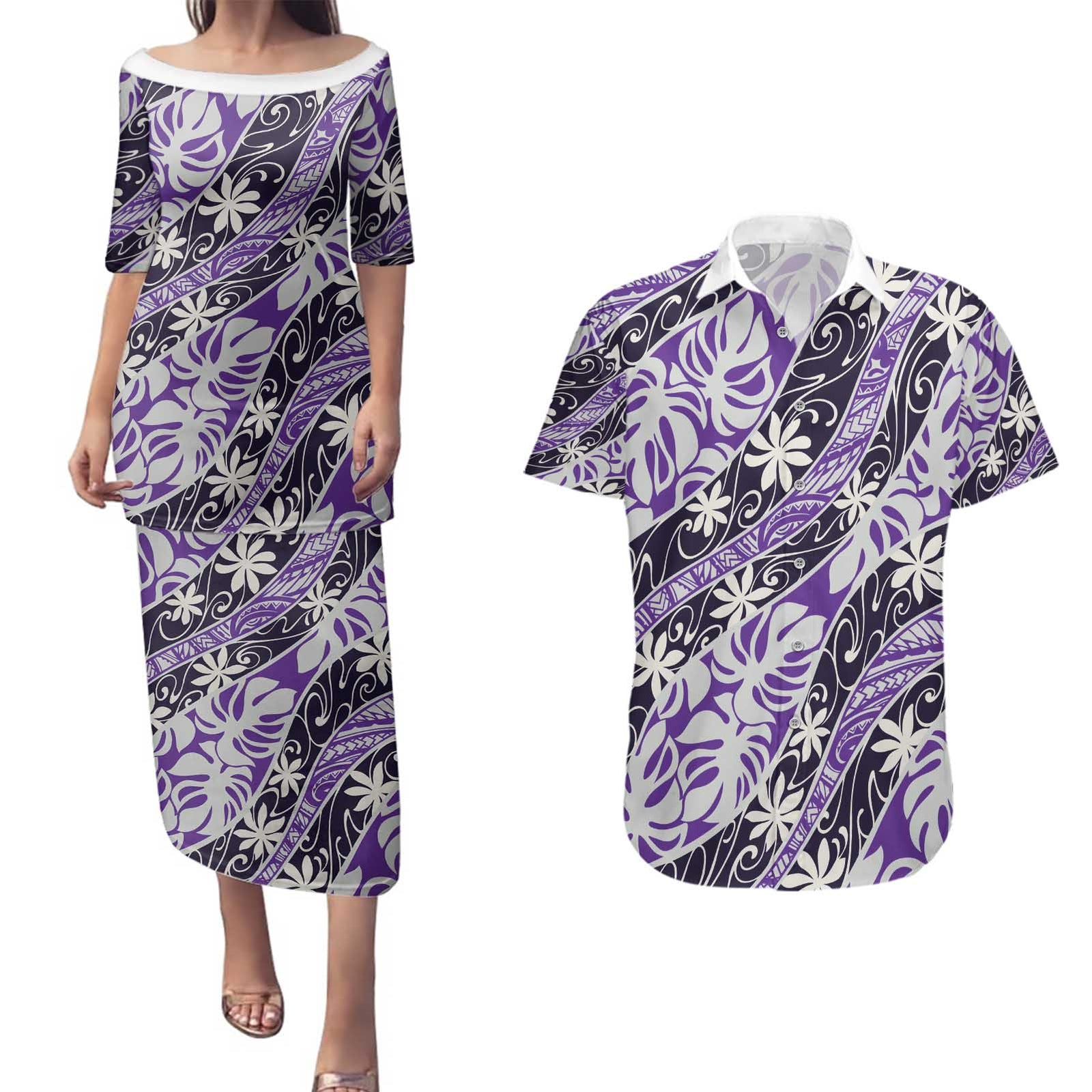 Vareau Tahiti Tiare Monstera Couples Matching Puletasi and Hawaiian Shirt Polynesian Pattern Curve Style - Polynesian Pride