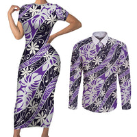 Vareau Tahiti Tiare Monstera Couples Matching Short Sleeve Bodycon Dress and Long Sleeve Button Shirt Polynesian Pattern Curve Style - Polynesian Pride